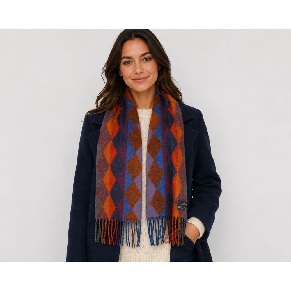Cashmink Soft Jewel Tone Argyle Fringed Scarf Made in Germany